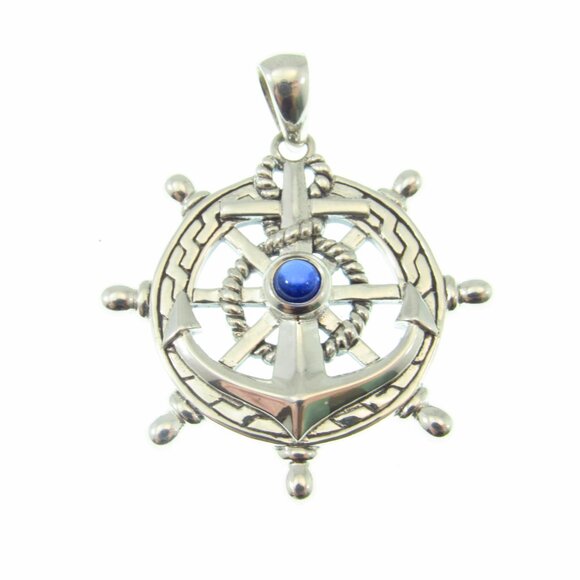 Solid 925 Sterling Silver Ship's Wheel Helm Pendant w/ Sapphire Nautical Jewelry - Picture 4 of 9